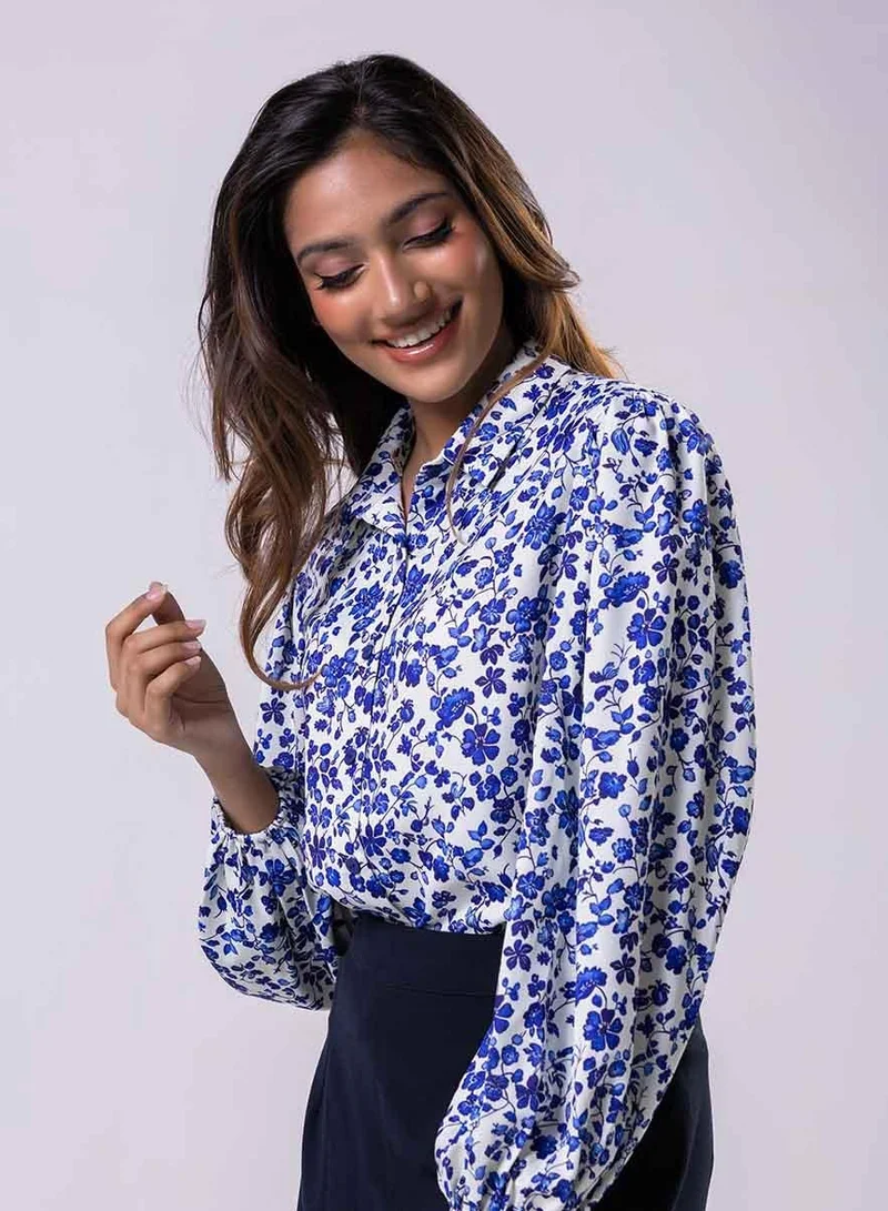 Zigzag Long Sleeve Elasicated Printed Chiffon Shirt Blue Top